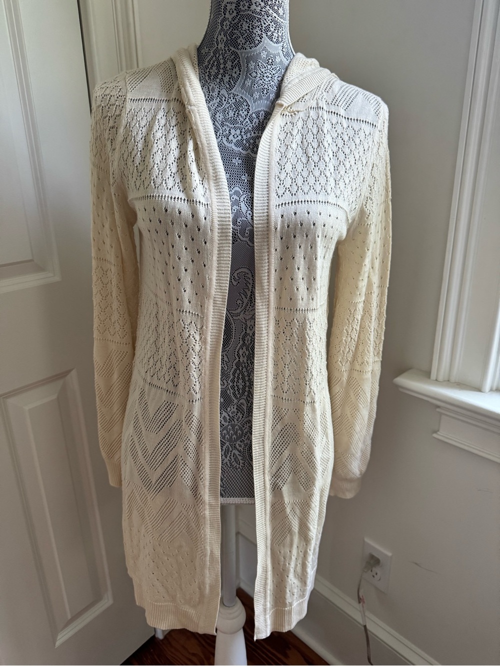 Pink Republic Cream Open-Front Hooded Knit Long Cardigan Sz. L Boho Western